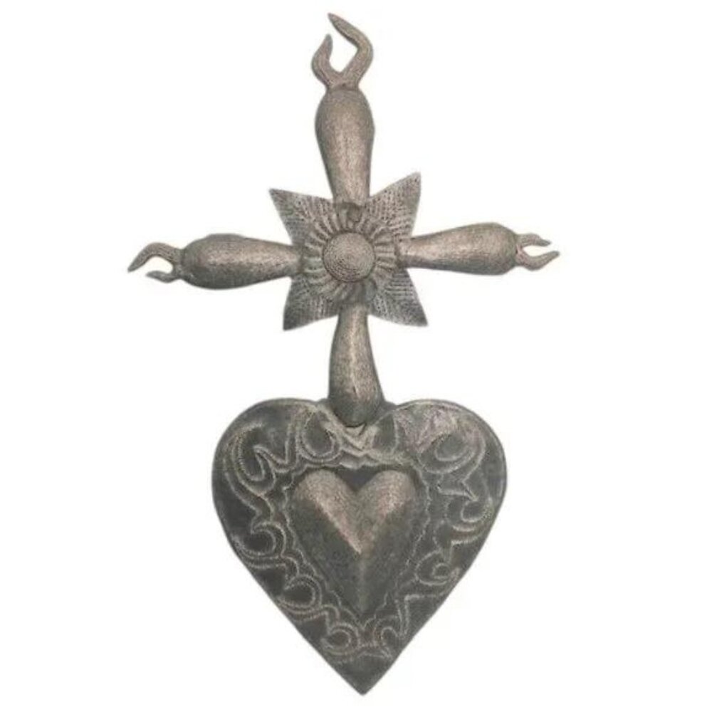 Haitian Art Metal Sculpture of Heart and Cross